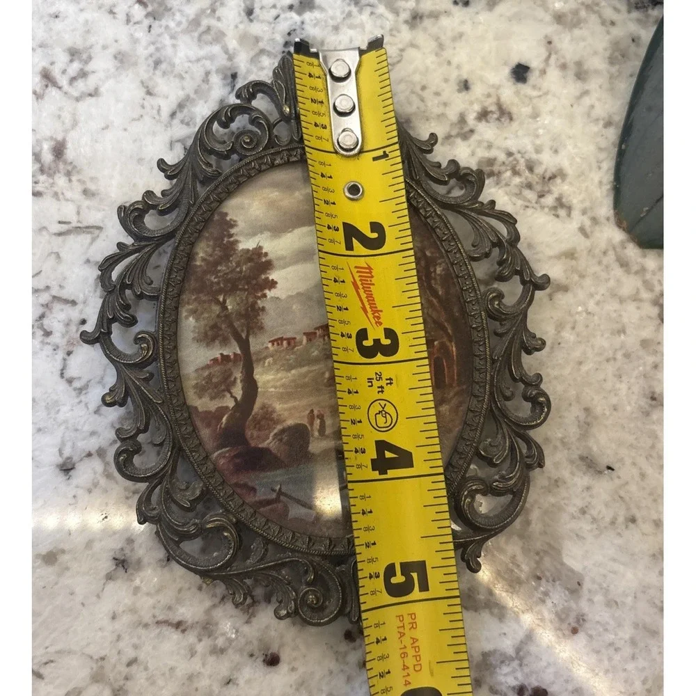 Small Ornate Patina Gold Filigree Oval Frame Florentine Landscape Print Art VTG